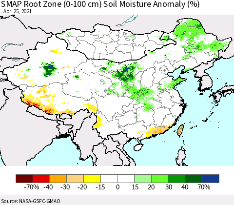 China, Mongolia and Taiwan SMAP Root Zone (0-100 cm) Soil Moisture Anomaly (%) Thematic Map For 4/21/2021 - 4/25/2021