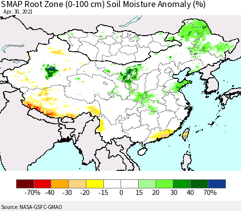 China, Mongolia and Taiwan SMAP Root Zone (0-100 cm) Soil Moisture Anomaly (%) Thematic Map For 4/26/2021 - 4/30/2021