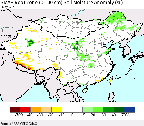 China, Mongolia and Taiwan SMAP Root Zone (0-100 cm) Soil Moisture Anomaly (%) Thematic Map For 5/1/2021 - 5/5/2021