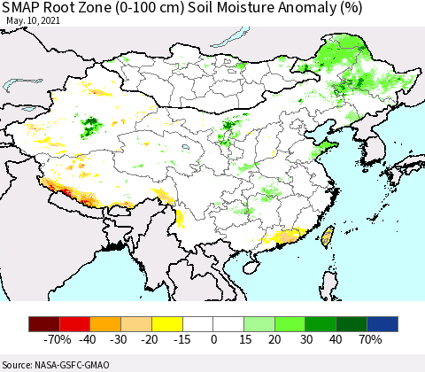 China, Mongolia and Taiwan SMAP Root Zone (0-100 cm) Soil Moisture Anomaly (%) Thematic Map For 5/6/2021 - 5/10/2021