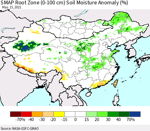 China, Mongolia and Taiwan SMAP Root Zone (0-100 cm) Soil Moisture Anomaly (%) Thematic Map For 5/11/2021 - 5/15/2021