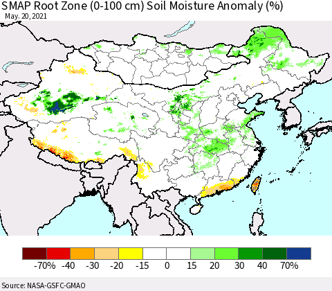 China, Mongolia and Taiwan SMAP Root Zone (0-100 cm) Soil Moisture Anomaly (%) Thematic Map For 5/16/2021 - 5/20/2021