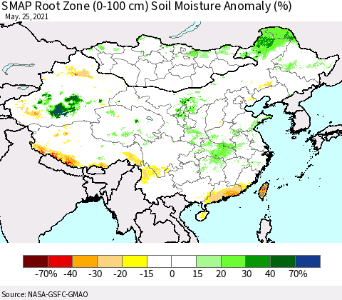 China, Mongolia and Taiwan SMAP Root Zone (0-100 cm) Soil Moisture Anomaly (%) Thematic Map For 5/21/2021 - 5/25/2021