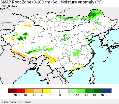China, Mongolia and Taiwan SMAP Root Zone (0-100 cm) Soil Moisture Anomaly (%) Thematic Map For 5/26/2021 - 5/31/2021