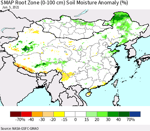 China, Mongolia and Taiwan SMAP Root Zone (0-100 cm) Soil Moisture Anomaly (%) Thematic Map For 6/1/2021 - 6/5/2021