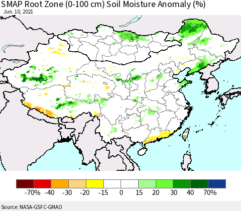 China, Mongolia and Taiwan SMAP Root Zone (0-100 cm) Soil Moisture Anomaly (%) Thematic Map For 6/6/2021 - 6/10/2021