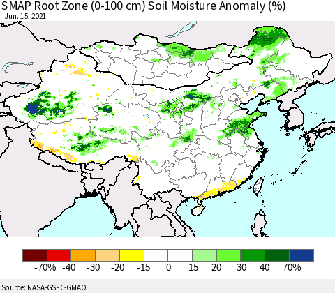 China, Mongolia and Taiwan SMAP Root Zone (0-100 cm) Soil Moisture Anomaly (%) Thematic Map For 6/11/2021 - 6/15/2021