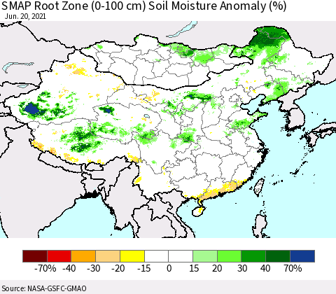 China, Mongolia and Taiwan SMAP Root Zone (0-100 cm) Soil Moisture Anomaly (%) Thematic Map For 6/16/2021 - 6/20/2021