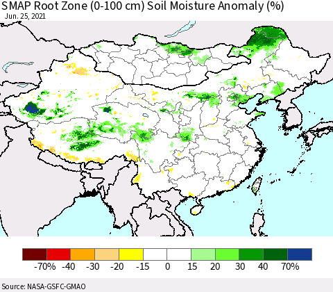 China, Mongolia and Taiwan SMAP Root Zone (0-100 cm) Soil Moisture Anomaly (%) Thematic Map For 6/21/2021 - 6/25/2021