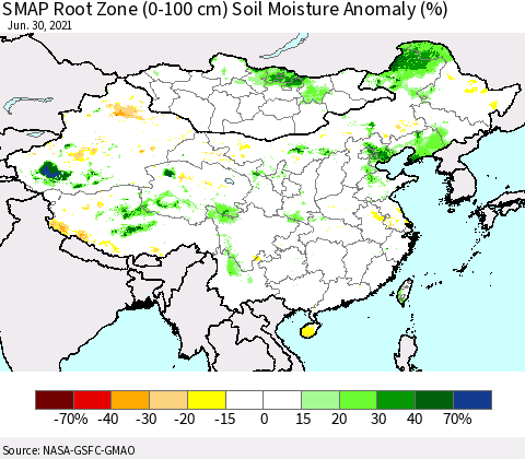 China, Mongolia and Taiwan SMAP Root Zone (0-100 cm) Soil Moisture Anomaly (%) Thematic Map For 6/26/2021 - 6/30/2021