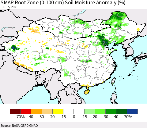 China, Mongolia and Taiwan SMAP Root Zone (0-100 cm) Soil Moisture Anomaly (%) Thematic Map For 7/1/2021 - 7/5/2021