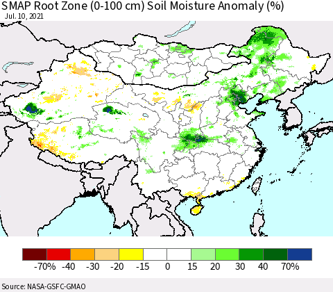 China, Mongolia and Taiwan SMAP Root Zone (0-100 cm) Soil Moisture Anomaly (%) Thematic Map For 7/6/2021 - 7/10/2021