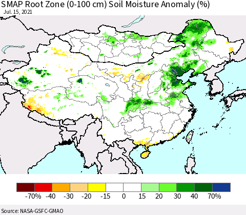 China, Mongolia and Taiwan SMAP Root Zone (0-100 cm) Soil Moisture Anomaly (%) Thematic Map For 7/11/2021 - 7/15/2021