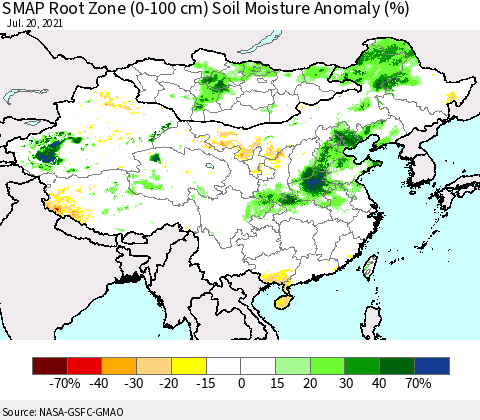 China, Mongolia and Taiwan SMAP Root Zone (0-100 cm) Soil Moisture Anomaly (%) Thematic Map For 7/16/2021 - 7/20/2021