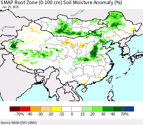 China, Mongolia and Taiwan SMAP Root Zone (0-100 cm) Soil Moisture Anomaly (%) Thematic Map For 7/21/2021 - 7/25/2021