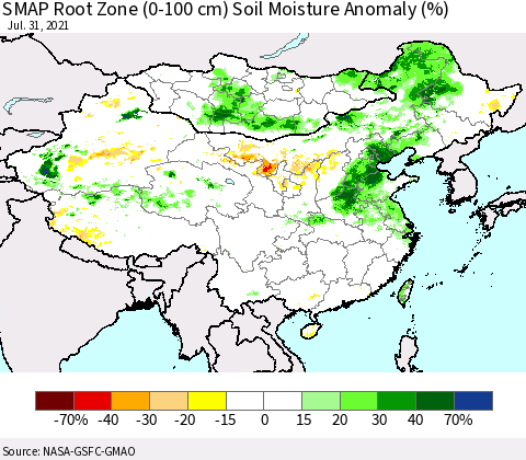China, Mongolia and Taiwan SMAP Root Zone (0-100 cm) Soil Moisture Anomaly (%) Thematic Map For 7/26/2021 - 7/31/2021
