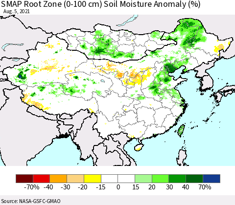China, Mongolia and Taiwan SMAP Root Zone (0-100 cm) Soil Moisture Anomaly (%) Thematic Map For 8/1/2021 - 8/5/2021