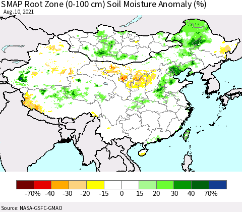 China, Mongolia and Taiwan SMAP Root Zone (0-100 cm) Soil Moisture Anomaly (%) Thematic Map For 8/6/2021 - 8/10/2021