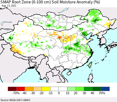 China, Mongolia and Taiwan SMAP Root Zone (0-100 cm) Soil Moisture Anomaly (%) Thematic Map For 8/11/2021 - 8/15/2021