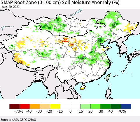 China, Mongolia and Taiwan SMAP Root Zone (0-100 cm) Soil Moisture Anomaly (%) Thematic Map For 8/16/2021 - 8/20/2021