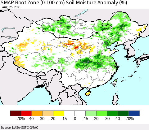 China, Mongolia and Taiwan SMAP Root Zone (0-100 cm) Soil Moisture Anomaly (%) Thematic Map For 8/21/2021 - 8/25/2021