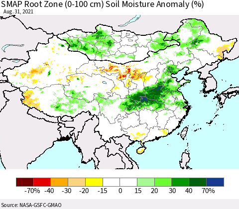 China, Mongolia and Taiwan SMAP Root Zone (0-100 cm) Soil Moisture Anomaly (%) Thematic Map For 8/26/2021 - 8/31/2021