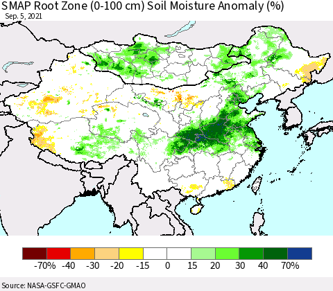 China, Mongolia and Taiwan SMAP Root Zone (0-100 cm) Soil Moisture Anomaly (%) Thematic Map For 9/1/2021 - 9/5/2021