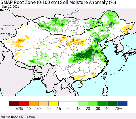 China, Mongolia and Taiwan SMAP Root Zone (0-100 cm) Soil Moisture Anomaly (%) Thematic Map For 9/6/2021 - 9/10/2021