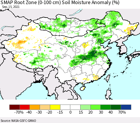China, Mongolia and Taiwan SMAP Root Zone (0-100 cm) Soil Moisture Anomaly (%) Thematic Map For 9/11/2021 - 9/15/2021