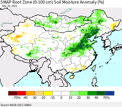 China, Mongolia and Taiwan SMAP Root Zone (0-100 cm) Soil Moisture Anomaly (%) Thematic Map For 9/16/2021 - 9/20/2021