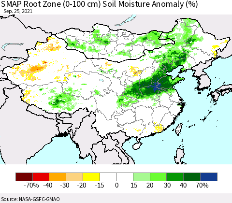 China, Mongolia and Taiwan SMAP Root Zone (0-100 cm) Soil Moisture Anomaly (%) Thematic Map For 9/21/2021 - 9/25/2021