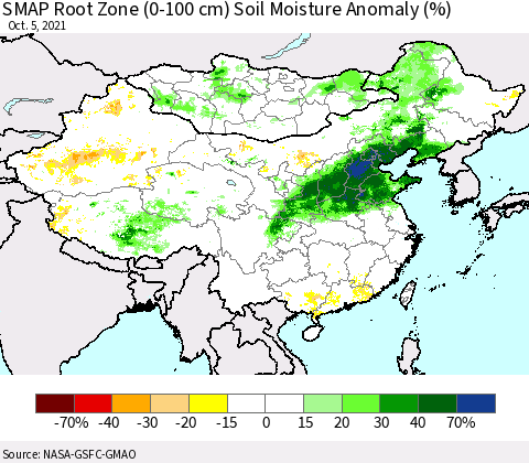 China, Mongolia and Taiwan SMAP Root Zone (0-100 cm) Soil Moisture Anomaly (%) Thematic Map For 10/1/2021 - 10/5/2021