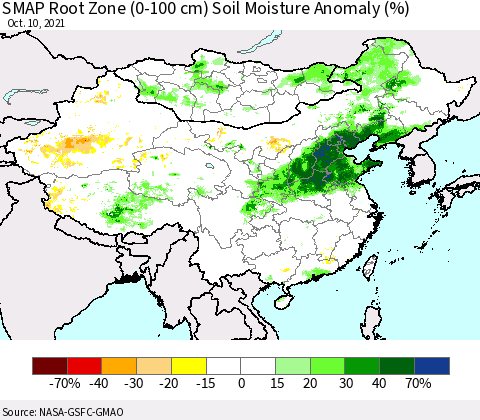 China, Mongolia and Taiwan SMAP Root Zone (0-100 cm) Soil Moisture Anomaly (%) Thematic Map For 10/6/2021 - 10/10/2021