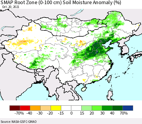 China, Mongolia and Taiwan SMAP Root Zone (0-100 cm) Soil Moisture Anomaly (%) Thematic Map For 10/16/2021 - 10/20/2021