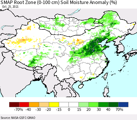 China, Mongolia and Taiwan SMAP Root Zone (0-100 cm) Soil Moisture Anomaly (%) Thematic Map For 10/21/2021 - 10/25/2021
