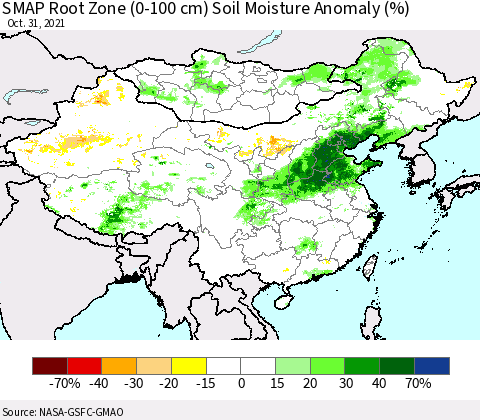 China, Mongolia and Taiwan SMAP Root Zone (0-100 cm) Soil Moisture Anomaly (%) Thematic Map For 10/26/2021 - 10/31/2021
