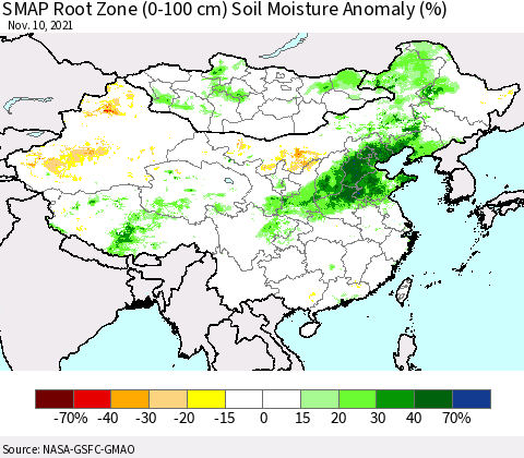 China, Mongolia and Taiwan SMAP Root Zone (0-100 cm) Soil Moisture Anomaly (%) Thematic Map For 11/6/2021 - 11/10/2021