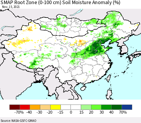 China, Mongolia and Taiwan SMAP Root Zone (0-100 cm) Soil Moisture Anomaly (%) Thematic Map For 11/11/2021 - 11/15/2021