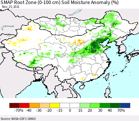 China, Mongolia and Taiwan SMAP Root Zone (0-100 cm) Soil Moisture Anomaly (%) Thematic Map For 11/21/2021 - 11/25/2021