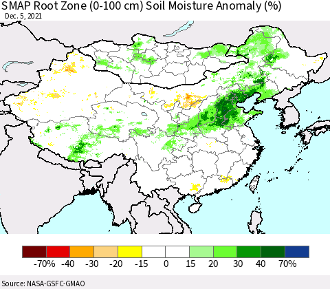China, Mongolia and Taiwan SMAP Root Zone (0-100 cm) Soil Moisture Anomaly (%) Thematic Map For 12/1/2021 - 12/5/2021