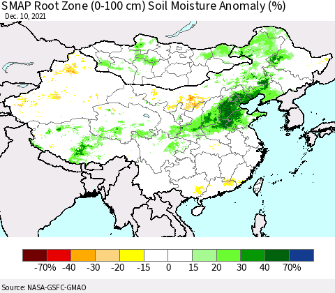 China, Mongolia and Taiwan SMAP Root Zone (0-100 cm) Soil Moisture Anomaly (%) Thematic Map For 12/6/2021 - 12/10/2021