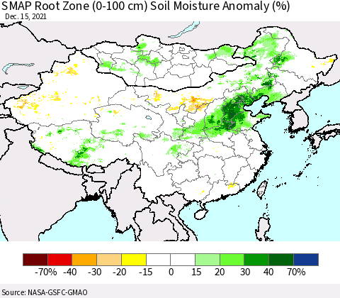 China, Mongolia and Taiwan SMAP Root Zone (0-100 cm) Soil Moisture Anomaly (%) Thematic Map For 12/11/2021 - 12/15/2021