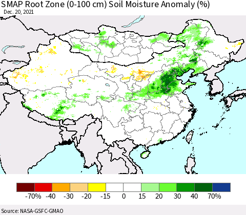 China, Mongolia and Taiwan SMAP Root Zone (0-100 cm) Soil Moisture Anomaly (%) Thematic Map For 12/16/2021 - 12/20/2021