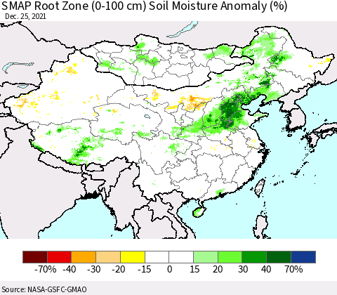 China, Mongolia and Taiwan SMAP Root Zone (0-100 cm) Soil Moisture Anomaly (%) Thematic Map For 12/21/2021 - 12/25/2021