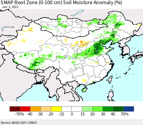 China, Mongolia and Taiwan SMAP Root Zone (0-100 cm) Soil Moisture Anomaly (%) Thematic Map For 1/1/2022 - 1/5/2022