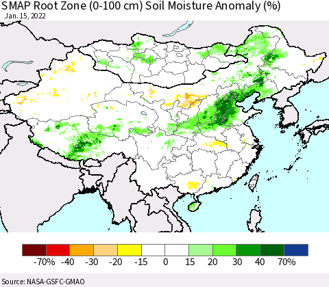 China, Mongolia and Taiwan SMAP Root Zone (0-100 cm) Soil Moisture Anomaly (%) Thematic Map For 1/11/2022 - 1/15/2022