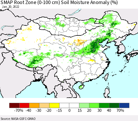 China, Mongolia and Taiwan SMAP Root Zone (0-100 cm) Soil Moisture Anomaly (%) Thematic Map For 1/16/2022 - 1/20/2022