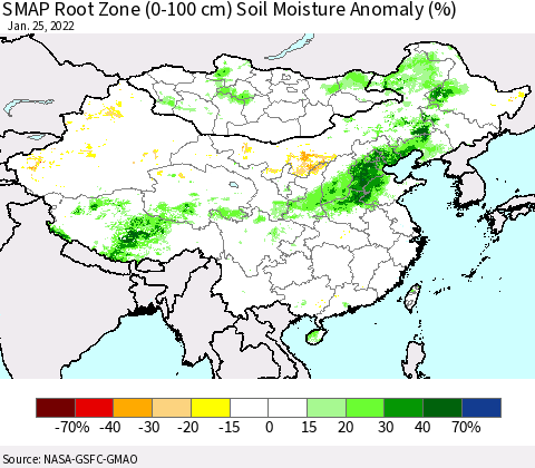 China, Mongolia and Taiwan SMAP Root Zone (0-100 cm) Soil Moisture Anomaly (%) Thematic Map For 1/21/2022 - 1/25/2022