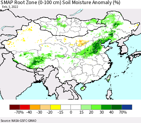 China, Mongolia and Taiwan SMAP Root Zone (0-100 cm) Soil Moisture Anomaly (%) Thematic Map For 2/1/2022 - 2/5/2022