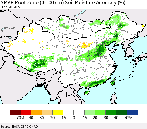 China, Mongolia and Taiwan SMAP Root Zone (0-100 cm) Soil Moisture Anomaly (%) Thematic Map For 2/16/2022 - 2/20/2022